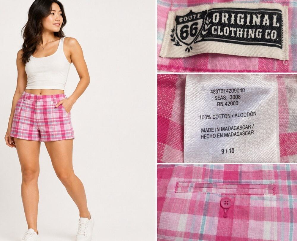 Preppy Route 66 Girls Flat Front Shorts Size 9/10 Pink Plaid Cotton